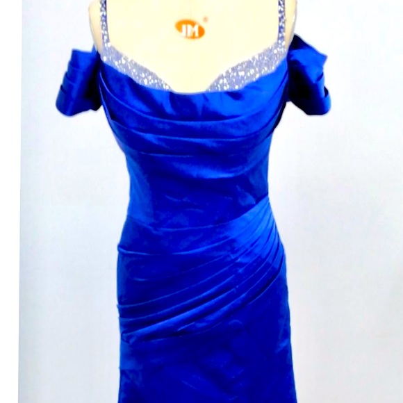 Royal Blue Off-The-Shoulder Sparkly Prom Dresses With Satin - Picture 1 of 9
